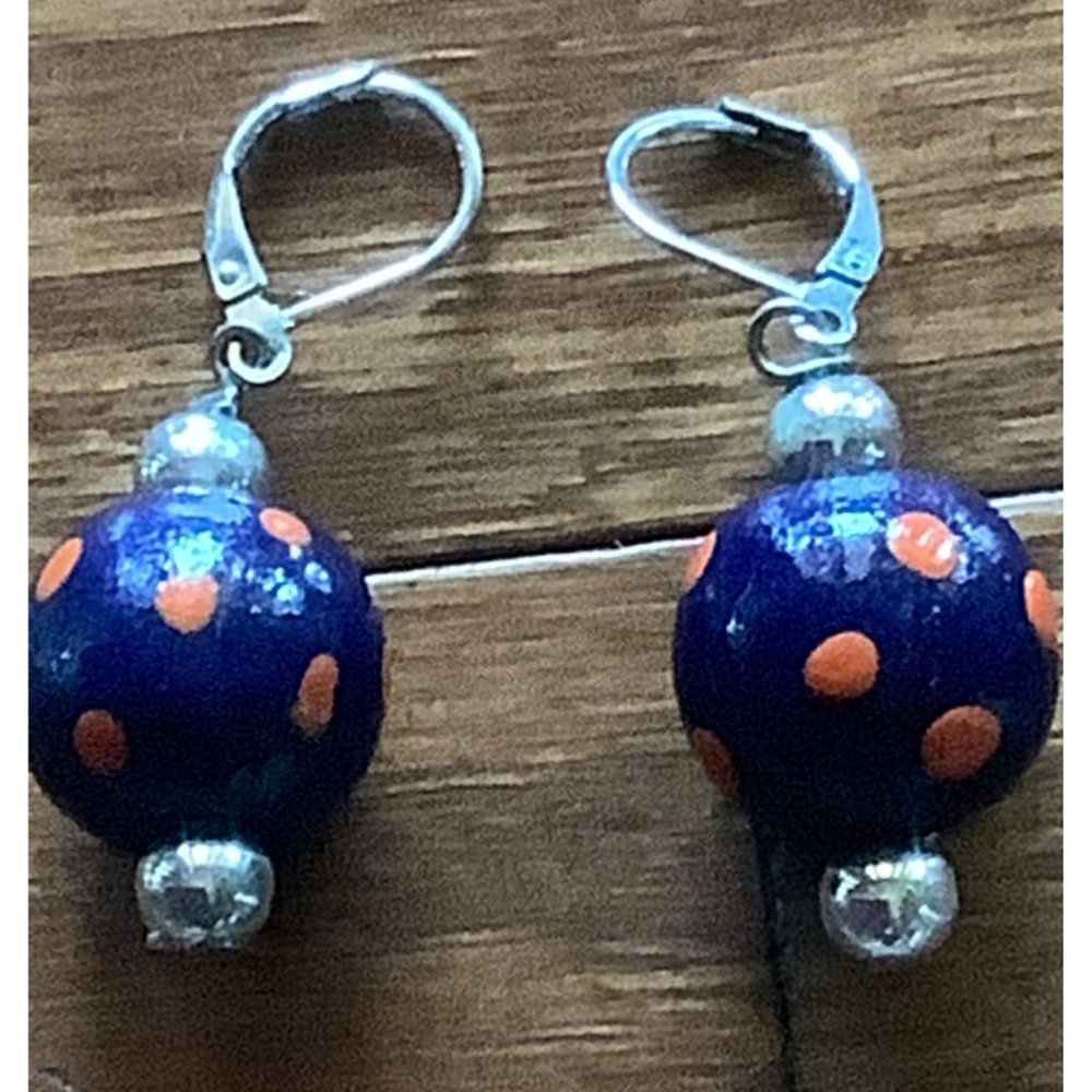 Navy Silver & Orange Ball Earrings